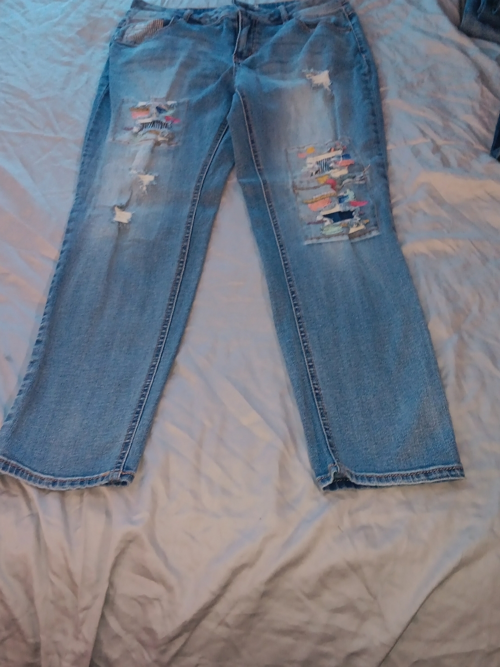 Light Blue Distressed Boyfriend Jeans with Colorful Patchwork